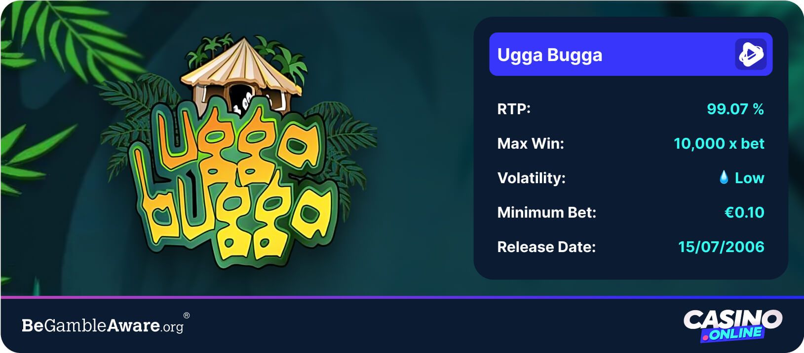 Detalles de la tragaperras Ugga Bugga mostrando 99.07% RTP, baja volatilidad, apuesta mínima de 0,10€ y ganancia máxima de x10.000 para la página de slots con mejor RTP.